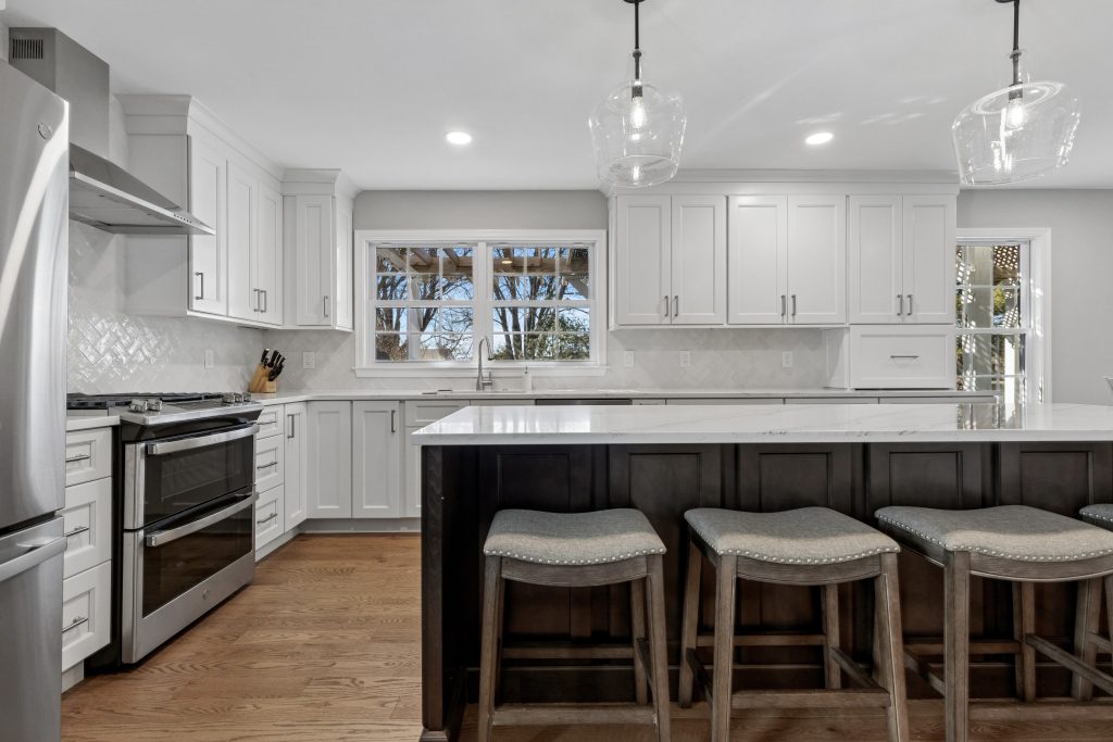 Complete kitchen renovation in Royersford PA with Fabuwood cabinets large island and seating by Majestic Home Renovations