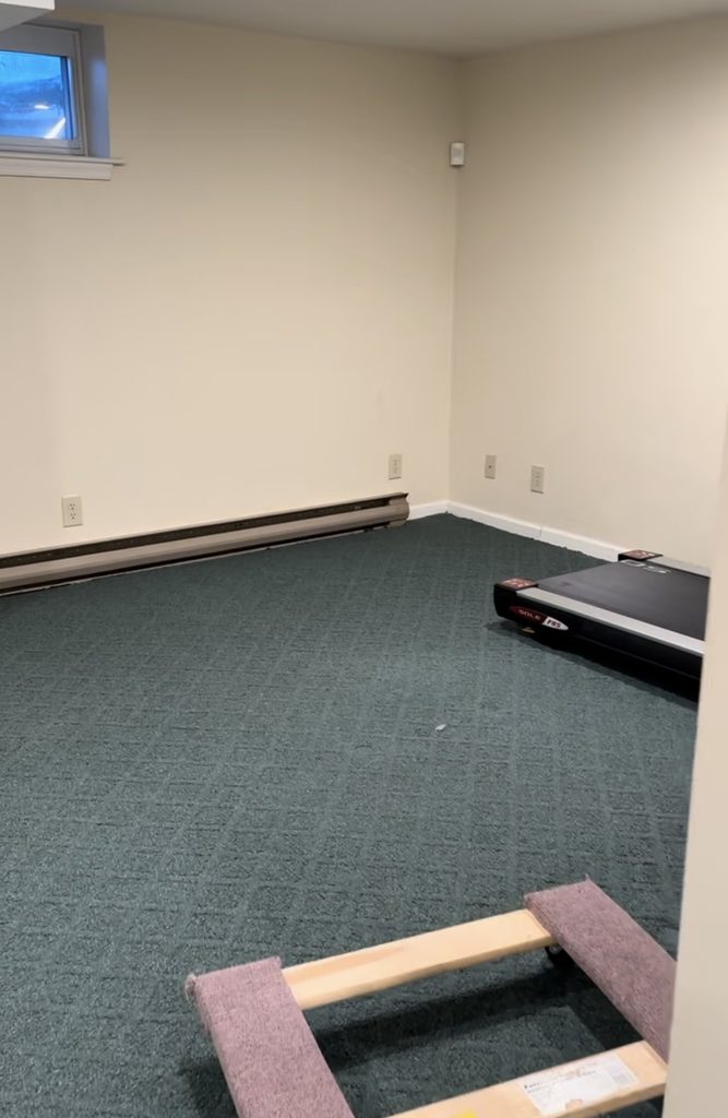 Basement before remodeling with dated green carpet and baseboard heat